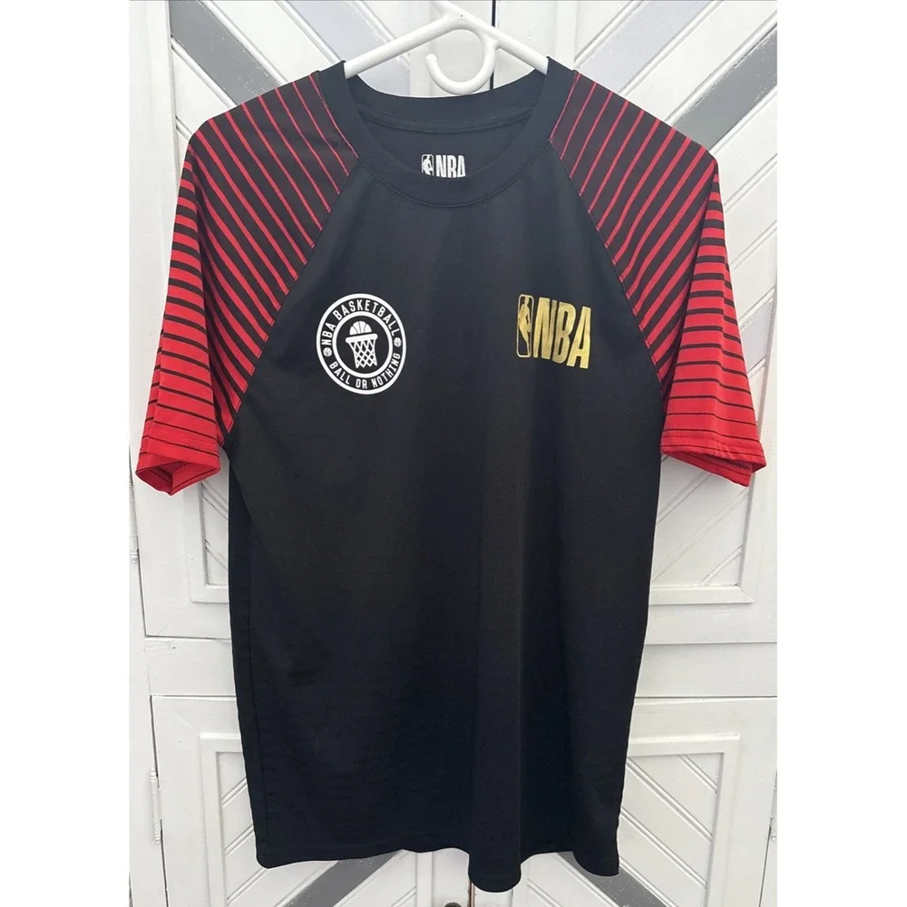 NBA Basketball Men's Medium Black and Red Striped Ball or Nothing Activewear Tee